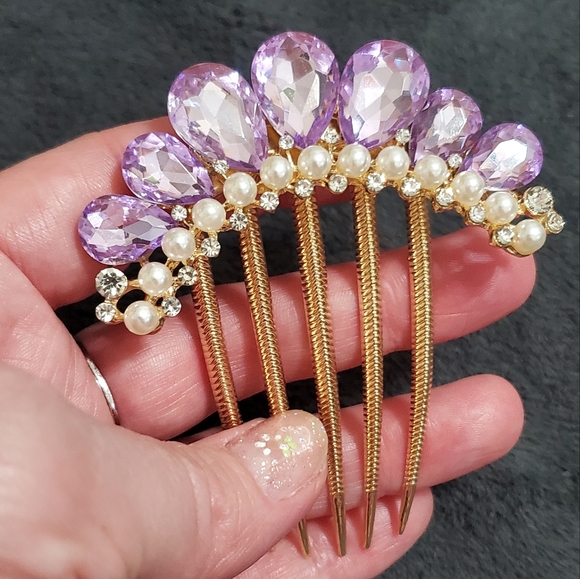 NEW 3x Lot 3-Piece Heavy Jeweled Hair Combs Prom Fancy Formal Navy, Peach, Lilac - Picture 5 of 5
